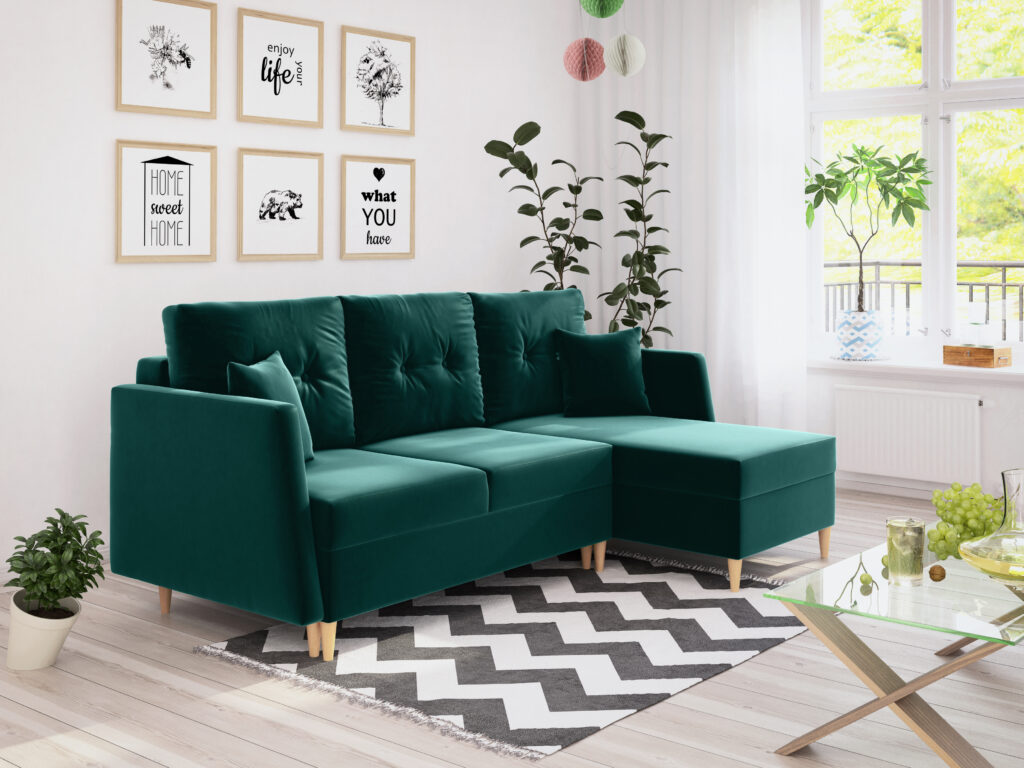 zielona kanapa narożnik w kształcie L